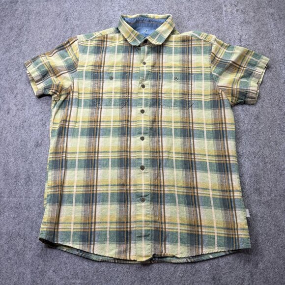 Kuhl Persuadr Shirt Men L Yellow Green Brown Linen Plaid Short Sleeve Button Up - Picture 2 of 15
